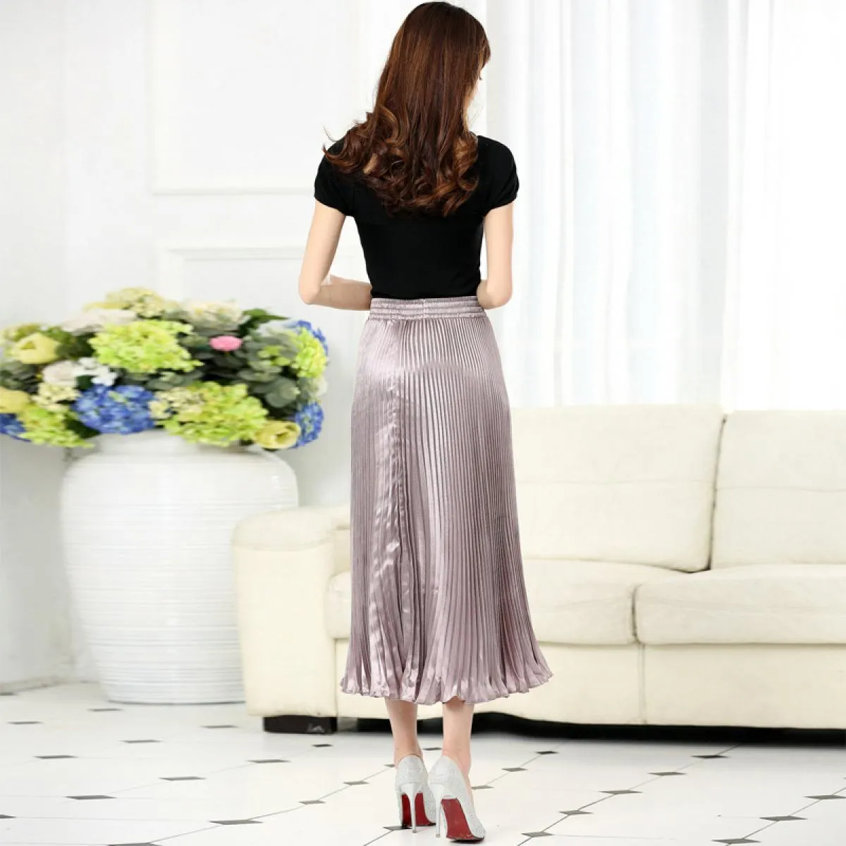 Gonna a sirena a pieghe da donna Stile primaverile femminile Casual Vita alta in raso Midi Gonne lunghe Shiny Saias 17 colori Sk