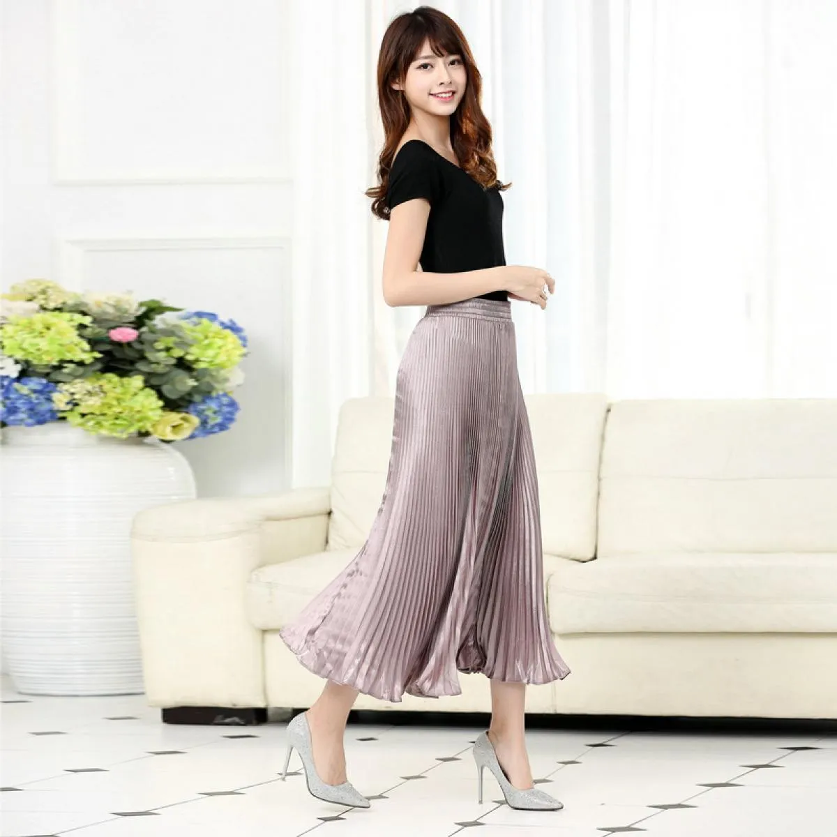 Gonna a sirena a pieghe da donna Stile primaverile femminile Casual Vita alta in raso Midi Gonne lunghe Shiny Saias 17 colori Sk