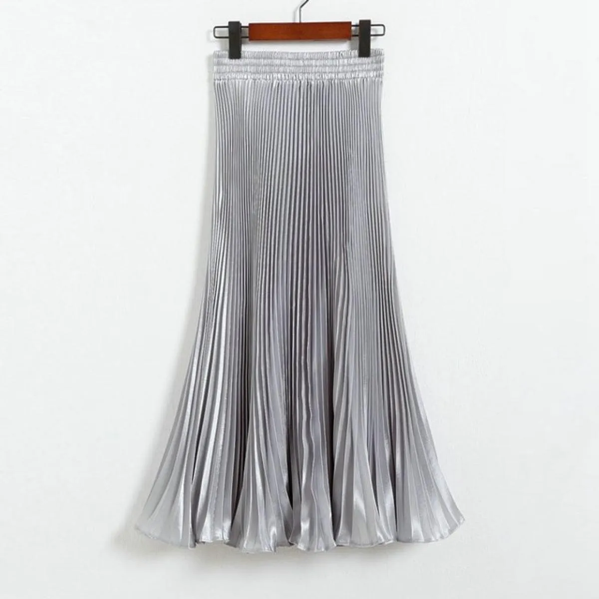 Gonna a sirena a pieghe da donna Stile primaverile femminile Casual Vita alta in raso Midi Gonne lunghe Shiny Saias 17 colori Sk