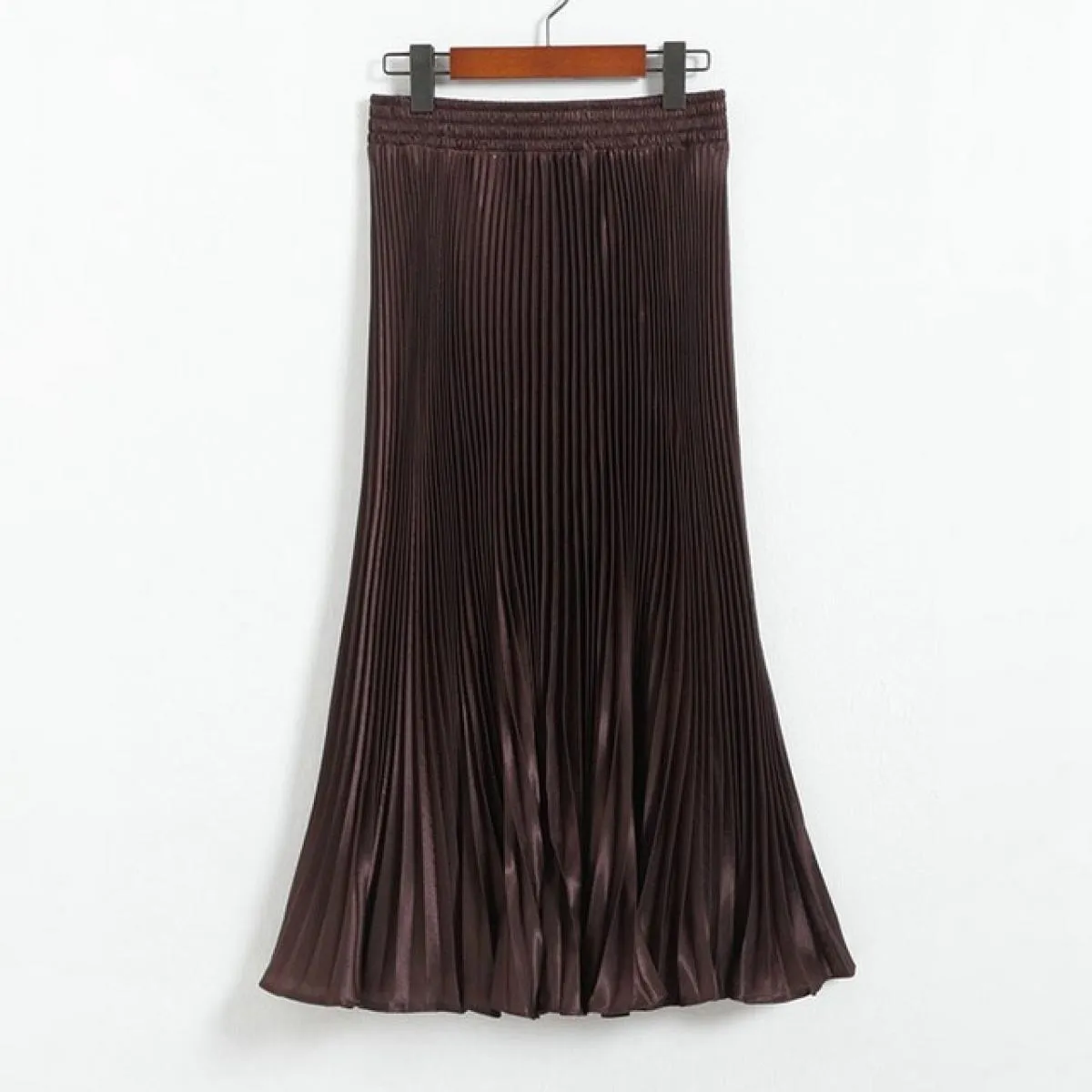 Gonna a sirena a pieghe da donna Stile primaverile femminile Casual Vita alta in raso Midi Gonne lunghe Shiny Saias 17 colori Sk
