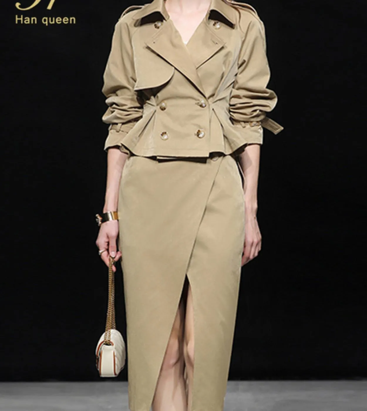 H Han Queen Autumn Professional Woman Set da 2 pezzi Trench doppiopetto Vintage Split Gonna a tubino Abito con gonne