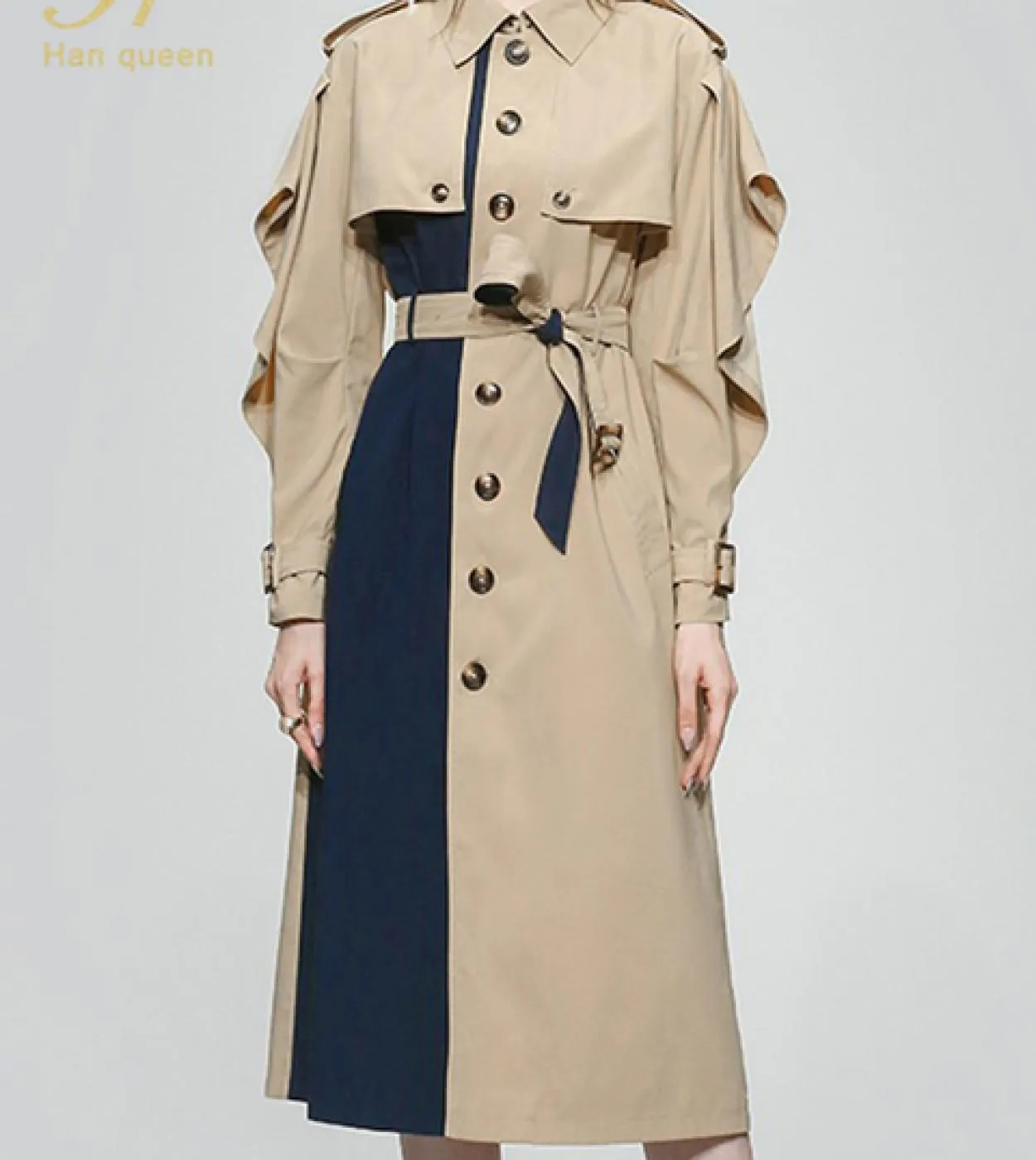 H Han Queen vendita calda autunno inverno trench coat abiti a contrasto monopetto abiti retrò fashion party casual dres