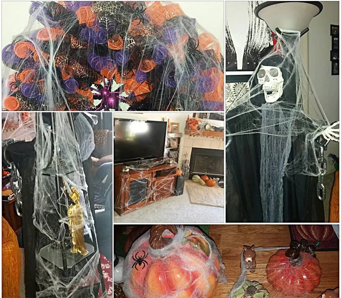 HOTSAN Decorazioni di Halloween di ragnatele estensibili - Ragnatela spettrale all'aperto Coperta con 25 Ragni Falsi, Ragnatela 
