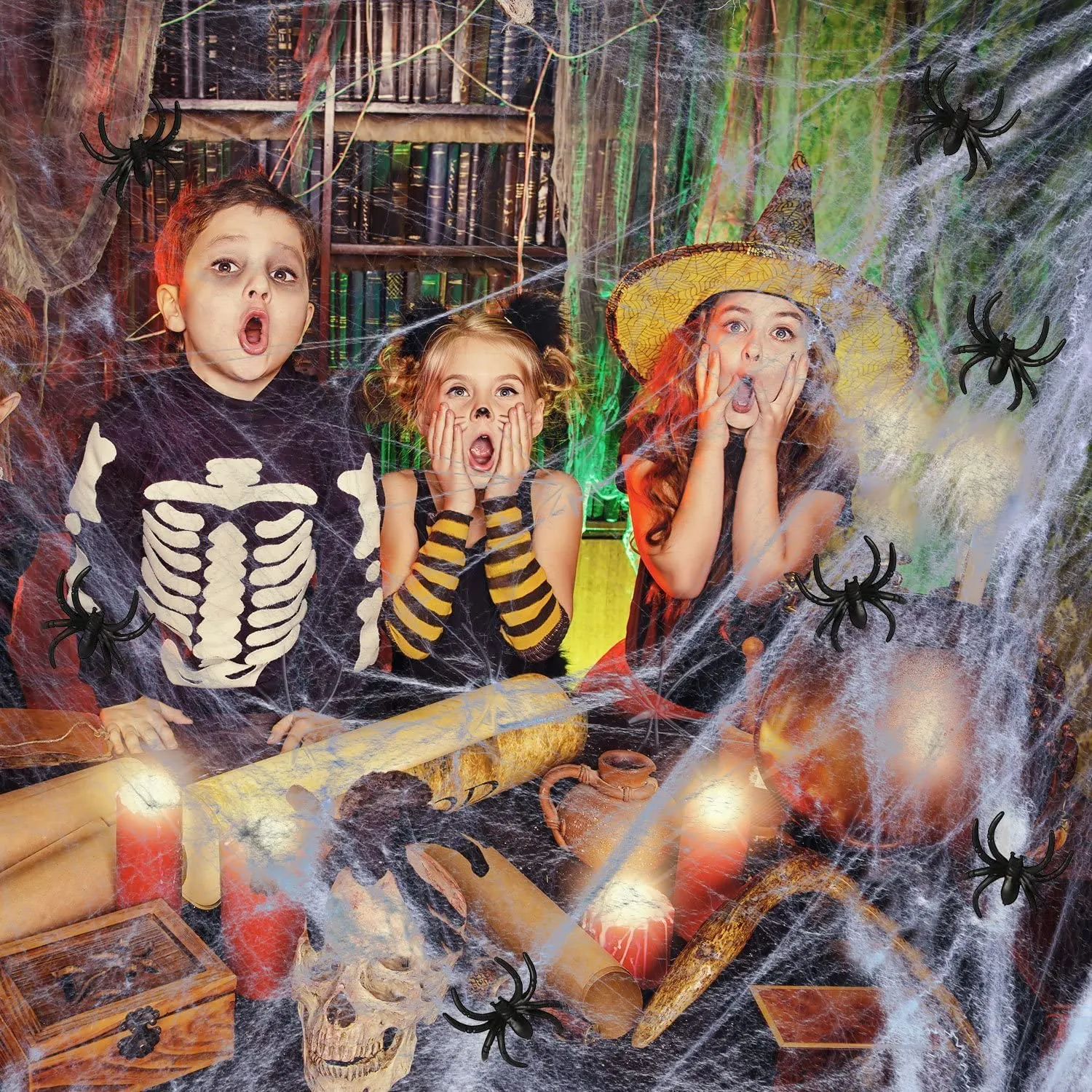 HOTSAN Decorazioni di Halloween di ragnatele estensibili - Ragnatela spettrale all'aperto Coperta con 25 Ragni Falsi, Ragnatela 