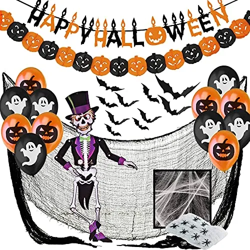Jonami Decorazioni Halloween Casa XXL - Festone Happy Halloween, Festoni, Palloncini, Ragnatela, Pipistrelli 3D, Scheletro Artic