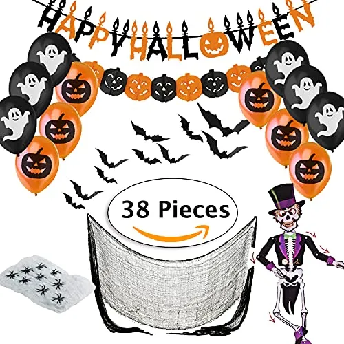 Jonami Decorazioni Halloween Casa XXL - Festone Happy Halloween, Festoni, Palloncini, Ragnatela, Pipistrelli 3D, Scheletro Artic