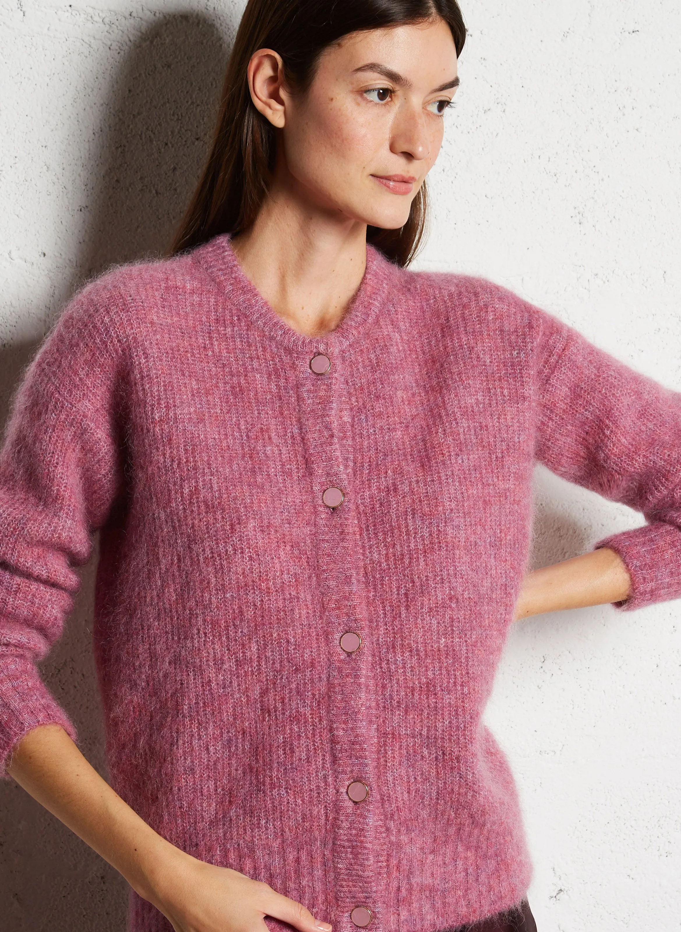  MAISON 123   LOU BIS - Cardigan girocollo diritto in misto mohair e alpaca | Rosa