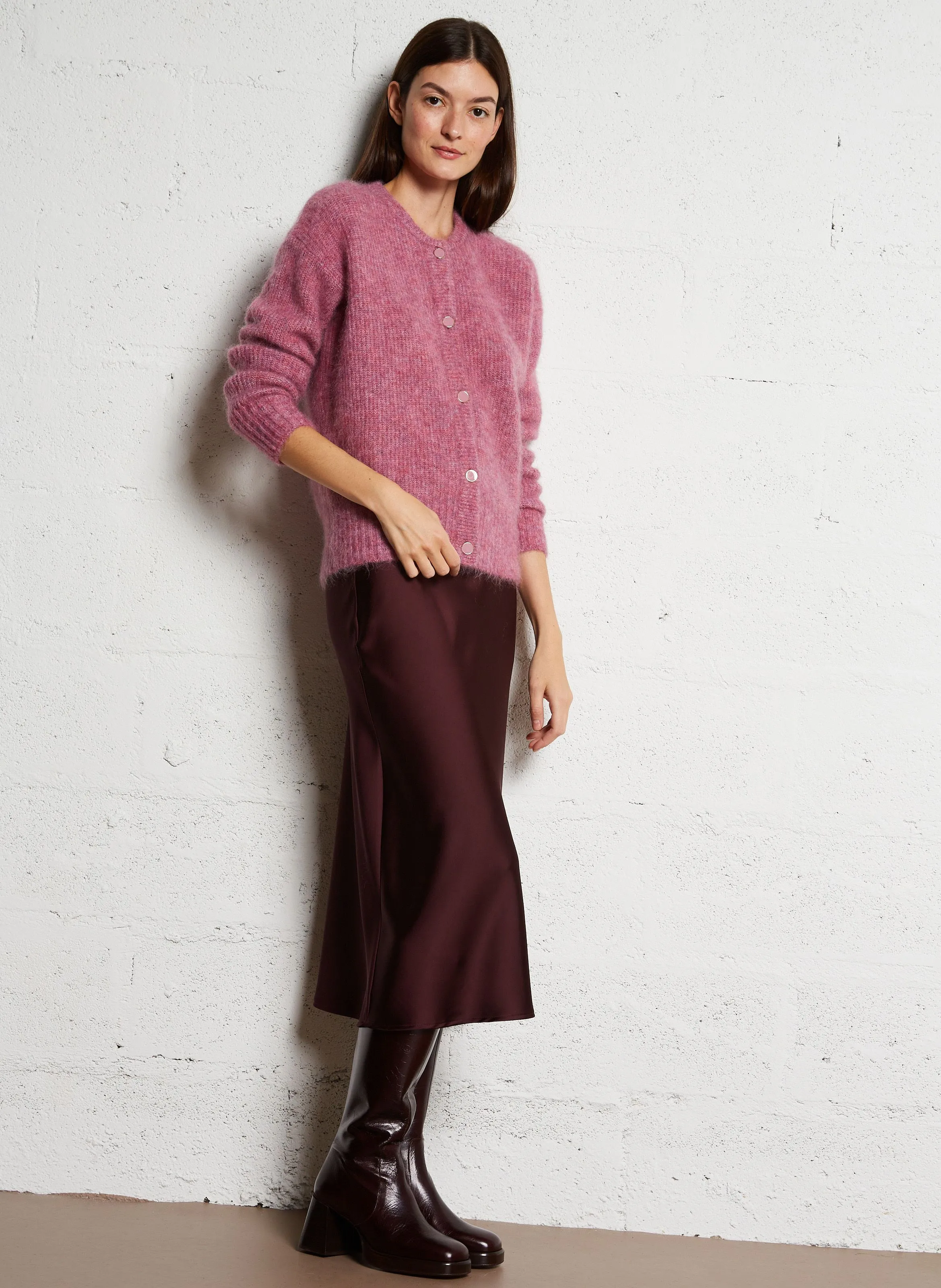  MAISON 123   LOU BIS - Cardigan girocollo diritto in misto mohair e alpaca | Rosa
