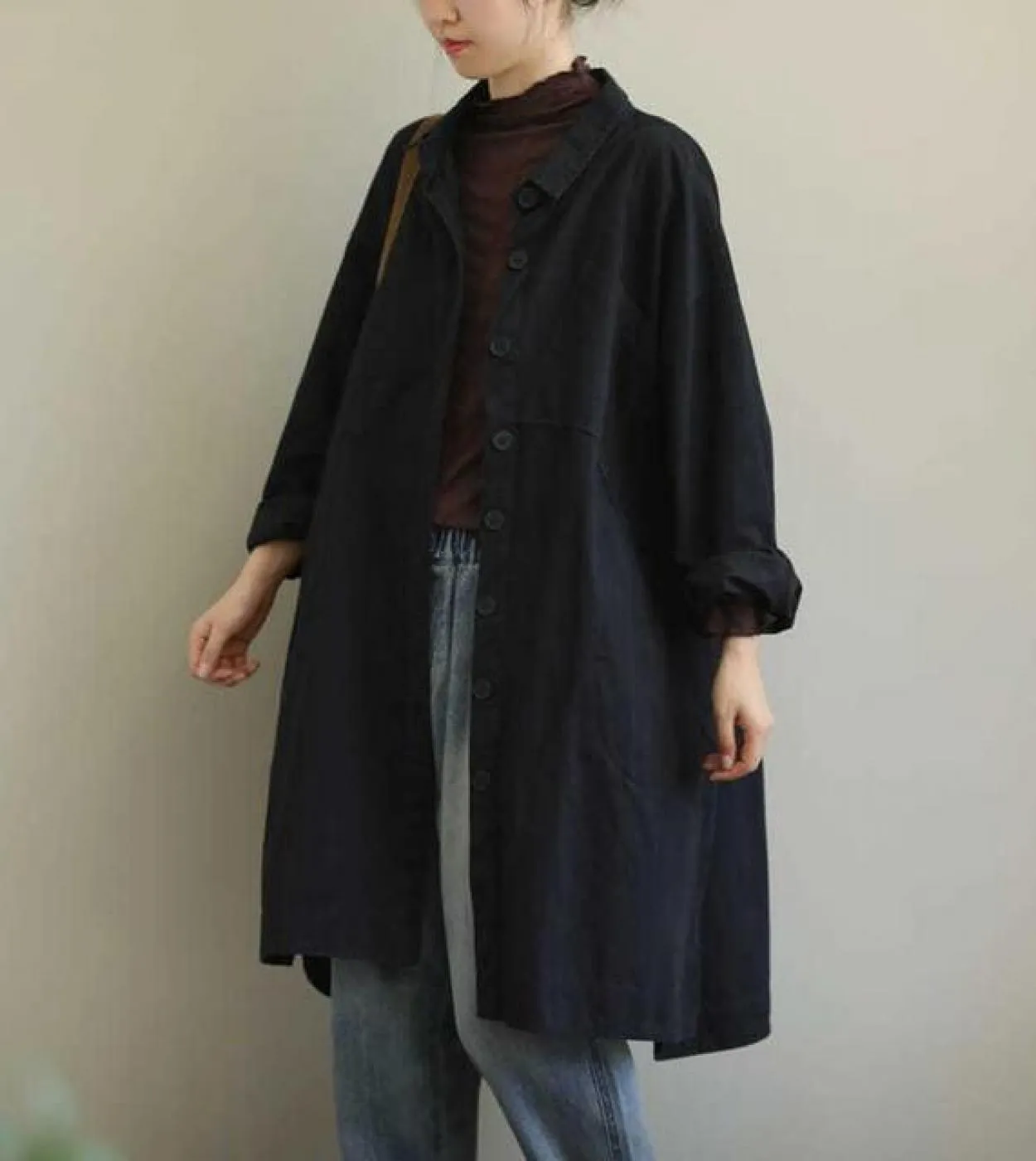 Nuovo arrivo primavera autunno donna allentato casual lungo colletto rovesciato trench monopetto in cotone con maniche a pipistr