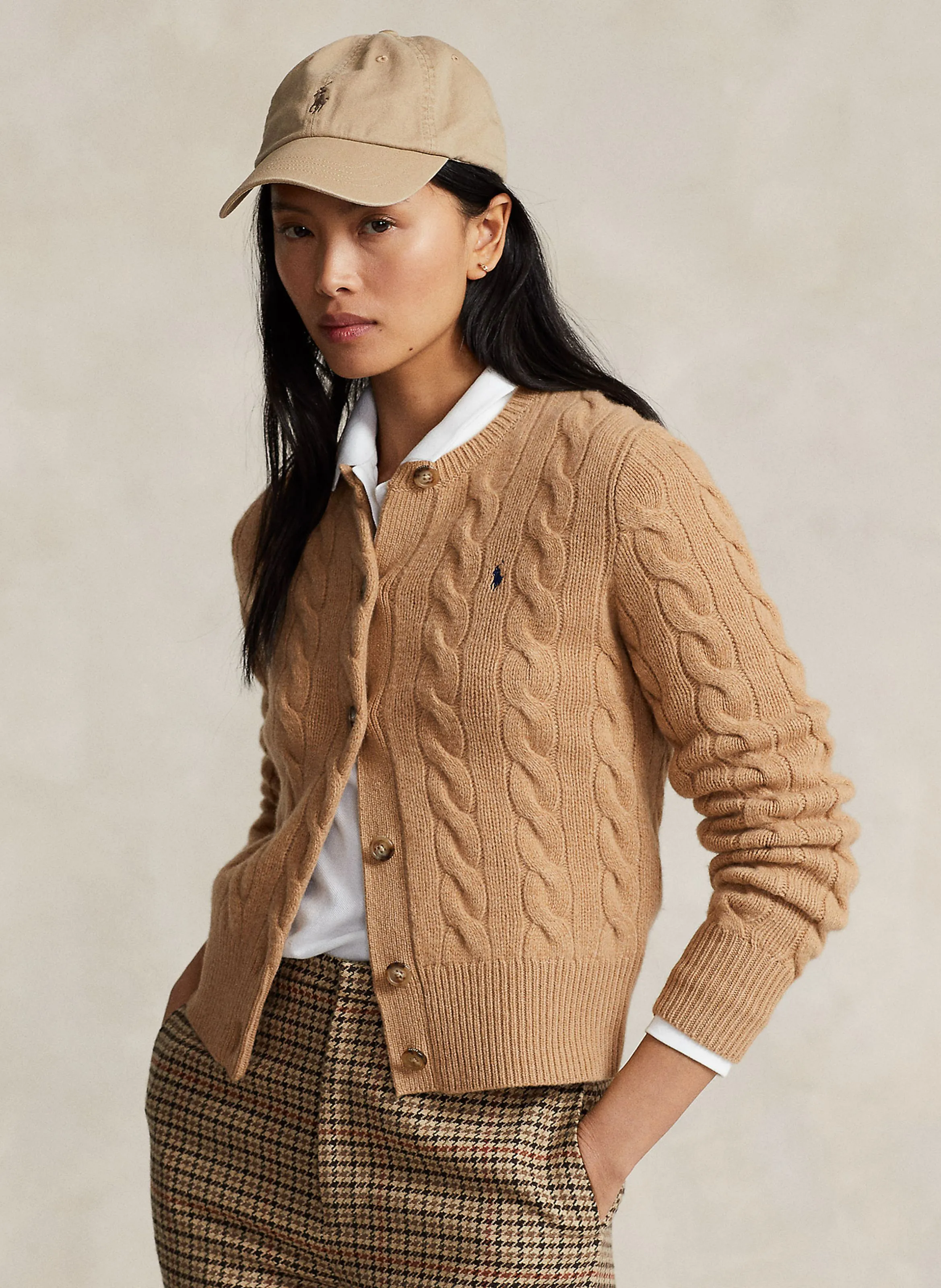  POLO RALPH LAUREN   Cardigan scollo tondo ricamato in lana e cashmere | Beige