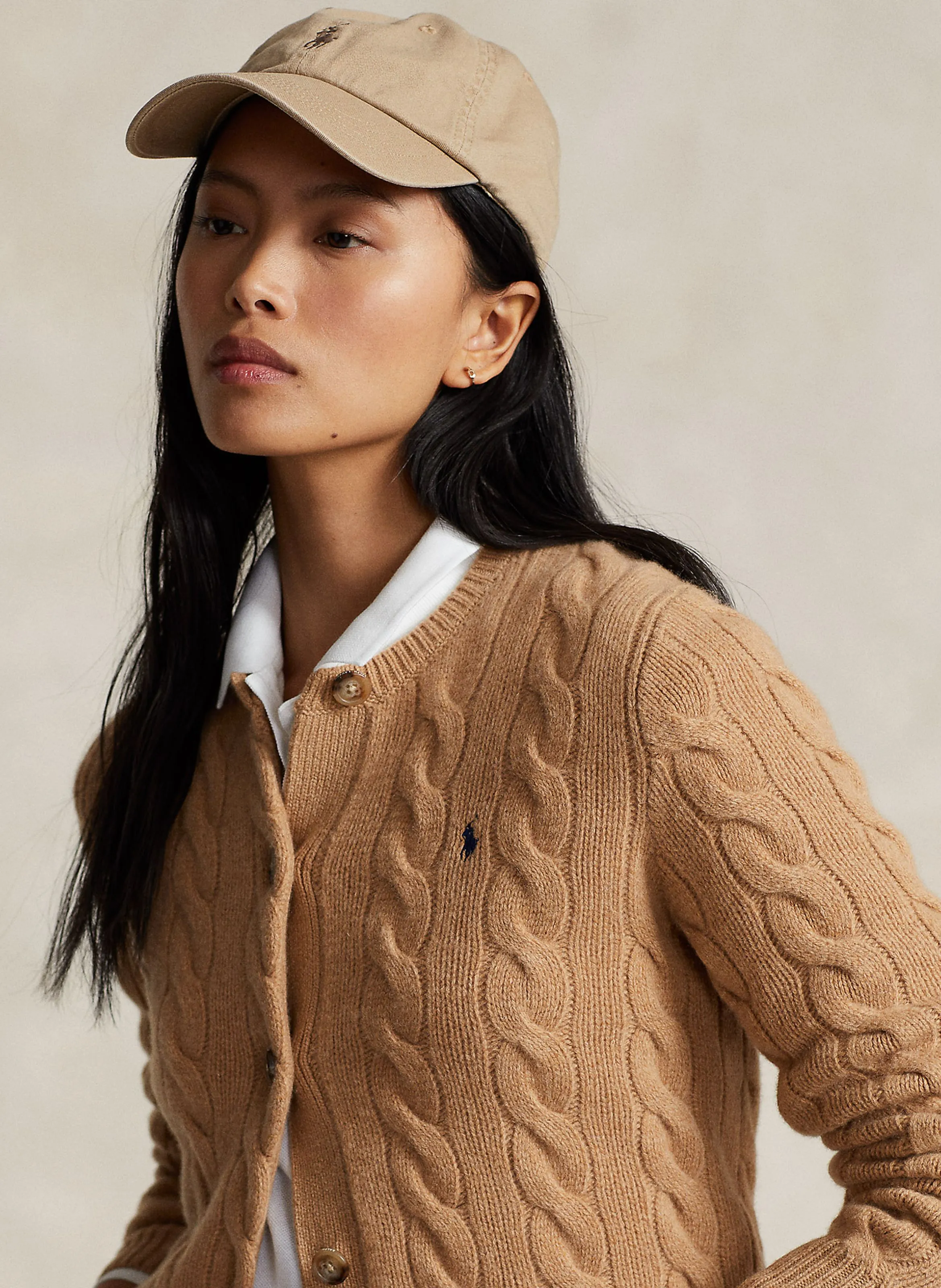  POLO RALPH LAUREN   Cardigan scollo tondo ricamato in lana e cashmere | Beige