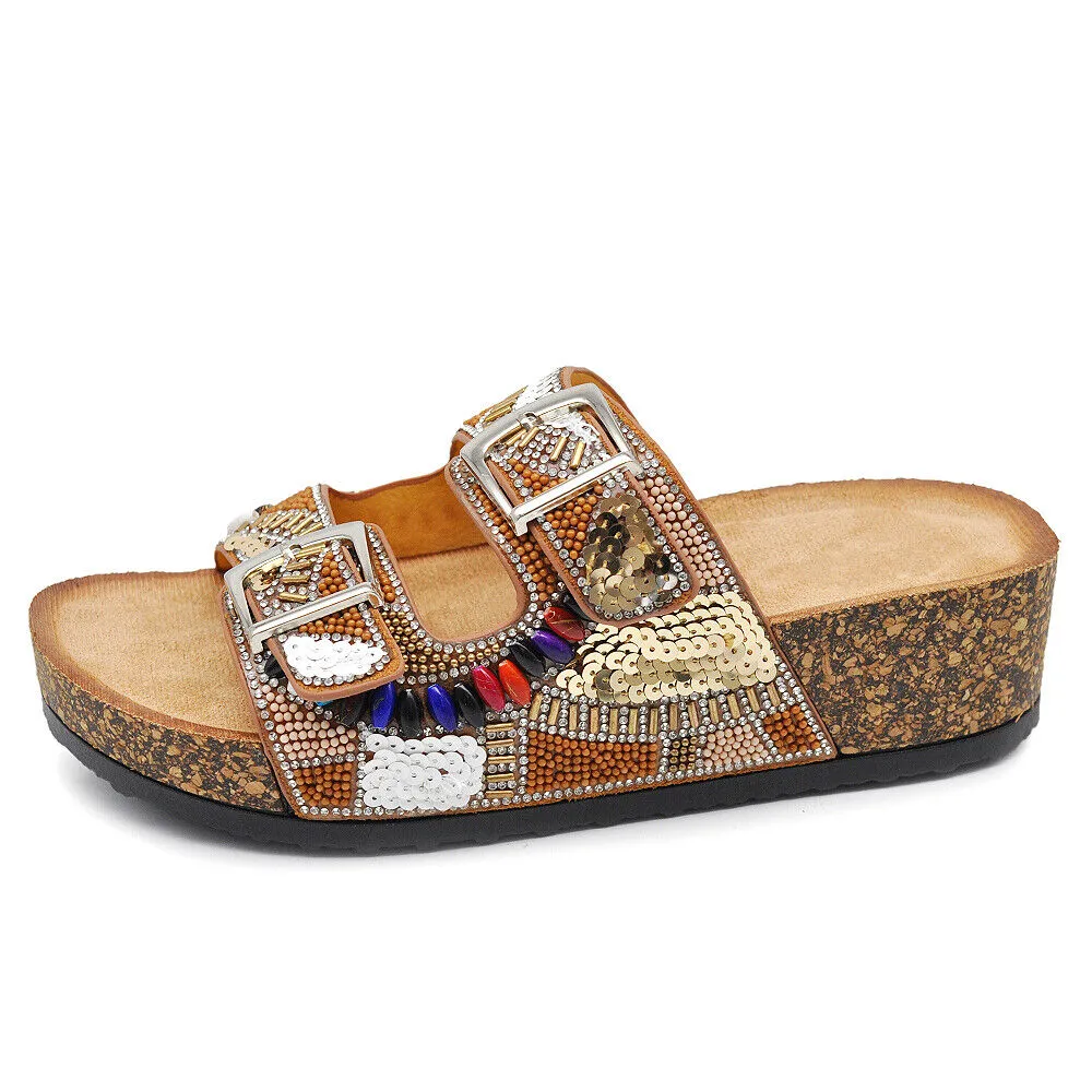 Scarpe Sandali Ciabatte Da Donna Con Fibbie e Zeppa Strass Pailettes GH-802