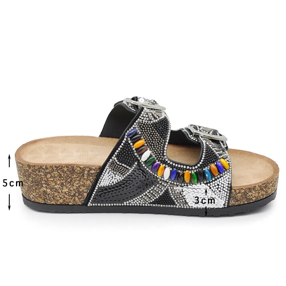 Scarpe Sandali Ciabatte Da Donna Con Fibbie e Zeppa Strass Pailettes GH-802