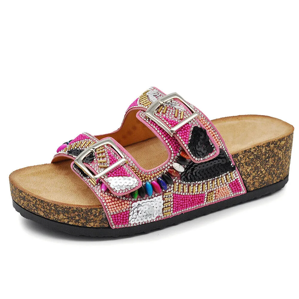 Scarpe Sandali Ciabatte Da Donna Con Fibbie e Zeppa Strass Pailettes GH-802