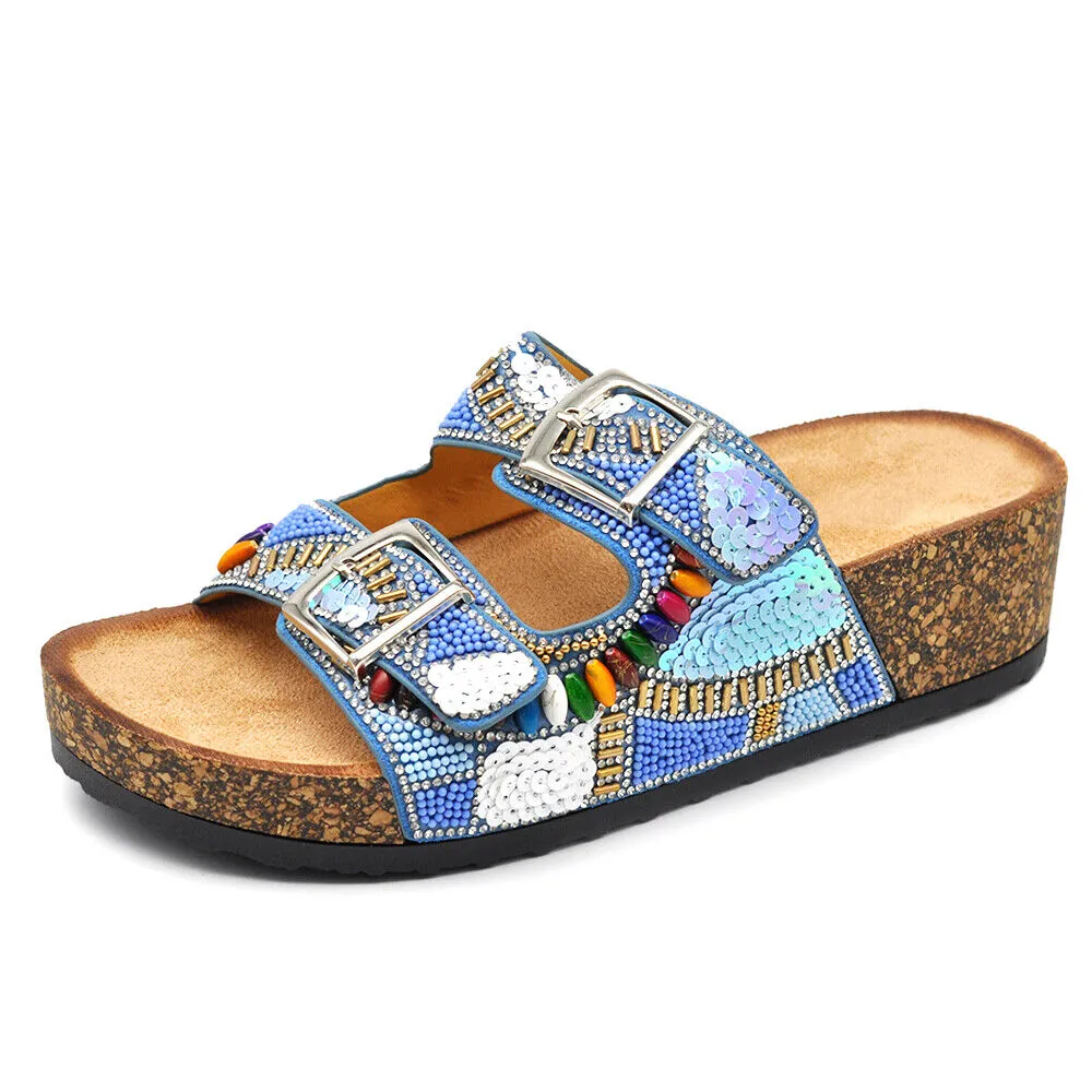 Scarpe Sandali Ciabatte Da Donna Con Fibbie e Zeppa Strass Pailettes GH-802