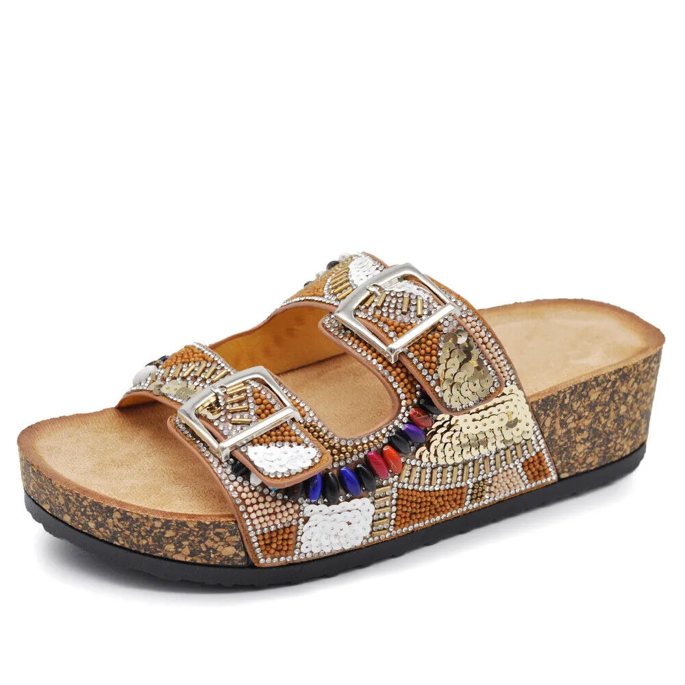 Scarpe Sandali Ciabatte Da Donna Con Fibbie e Zeppa Strass Pailettes GH-802