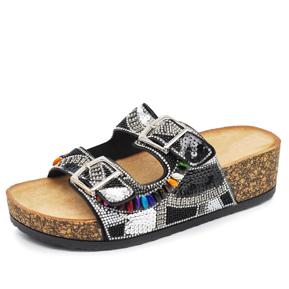 Scarpe Sandali Ciabatte Da Donna Con Fibbie e Zeppa Strass Pailettes GH-802