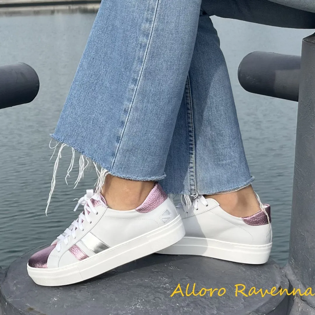 Sneakers bianche in vera pelle con inserti rosa e argento modello Gaucho
