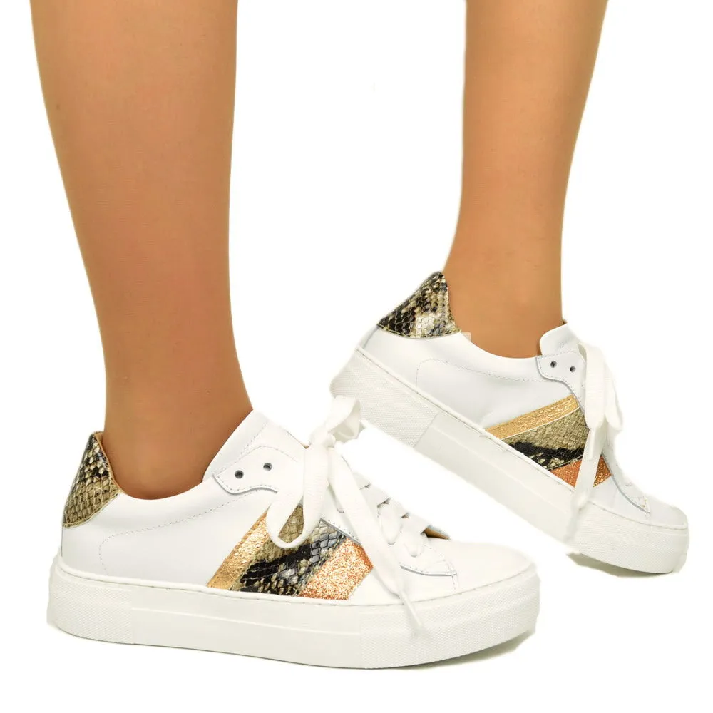 Sneakers Donna Bianche con Glitter Bronzo in Pelle Made in Italy