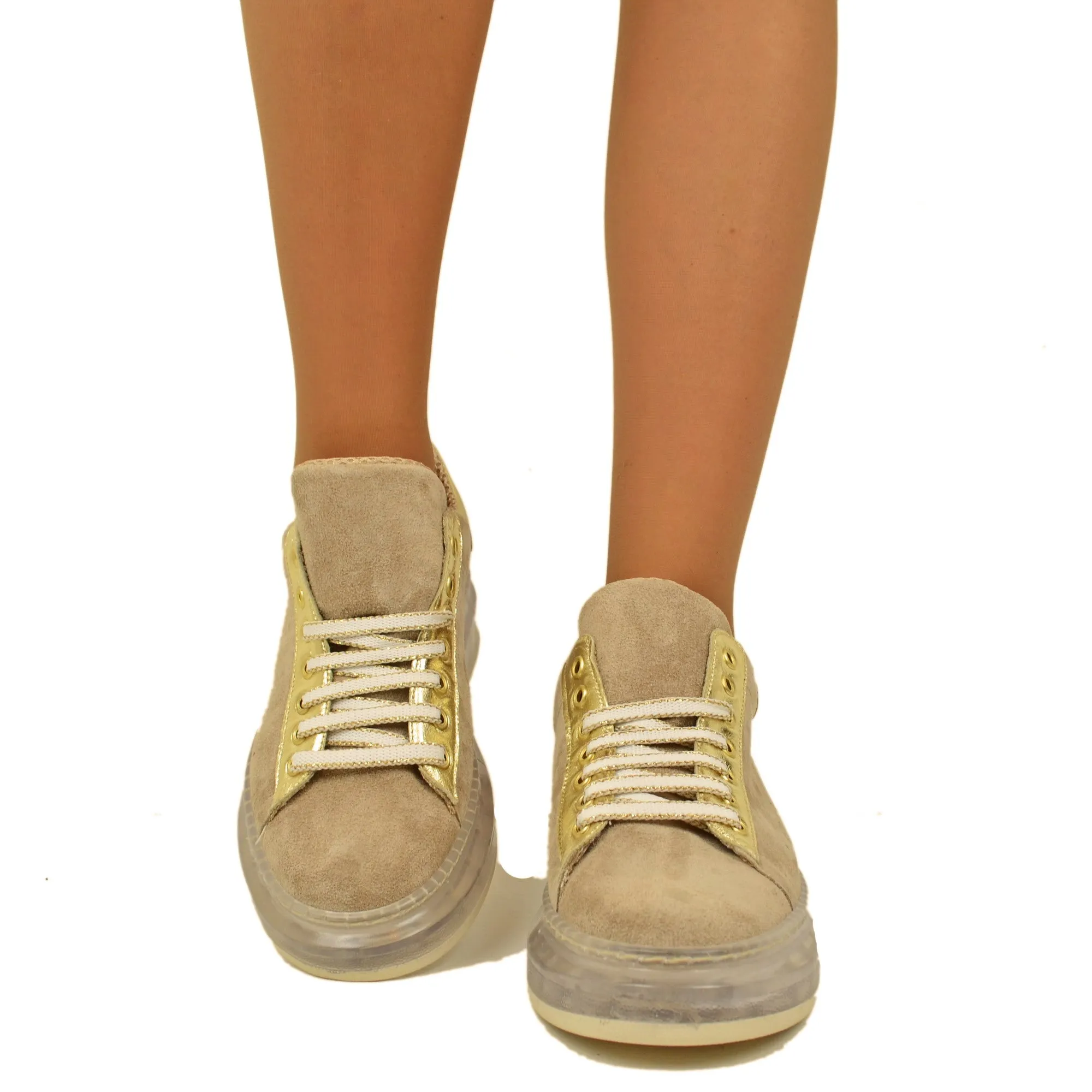 Sneakers Donna Camoscio Beige con Tallonetta color Platino