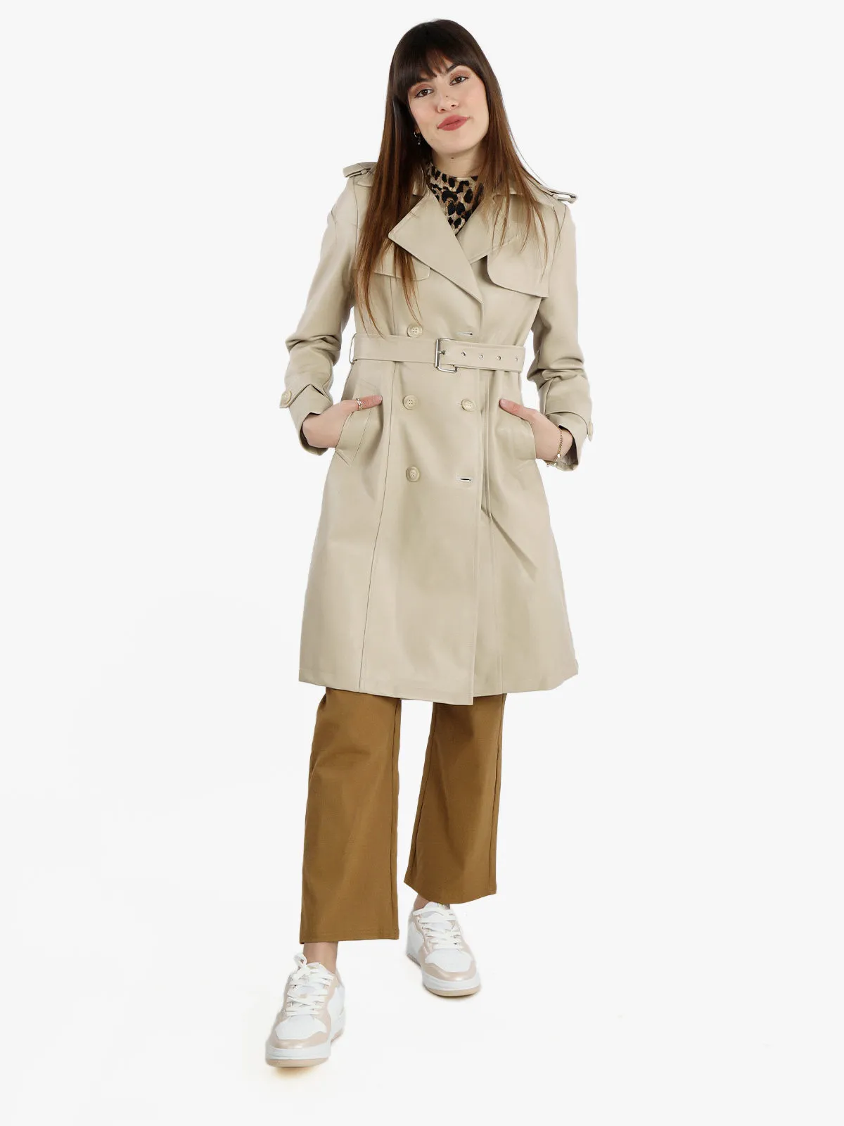 Solada Trench femme à double boutonnage en éco-cuir