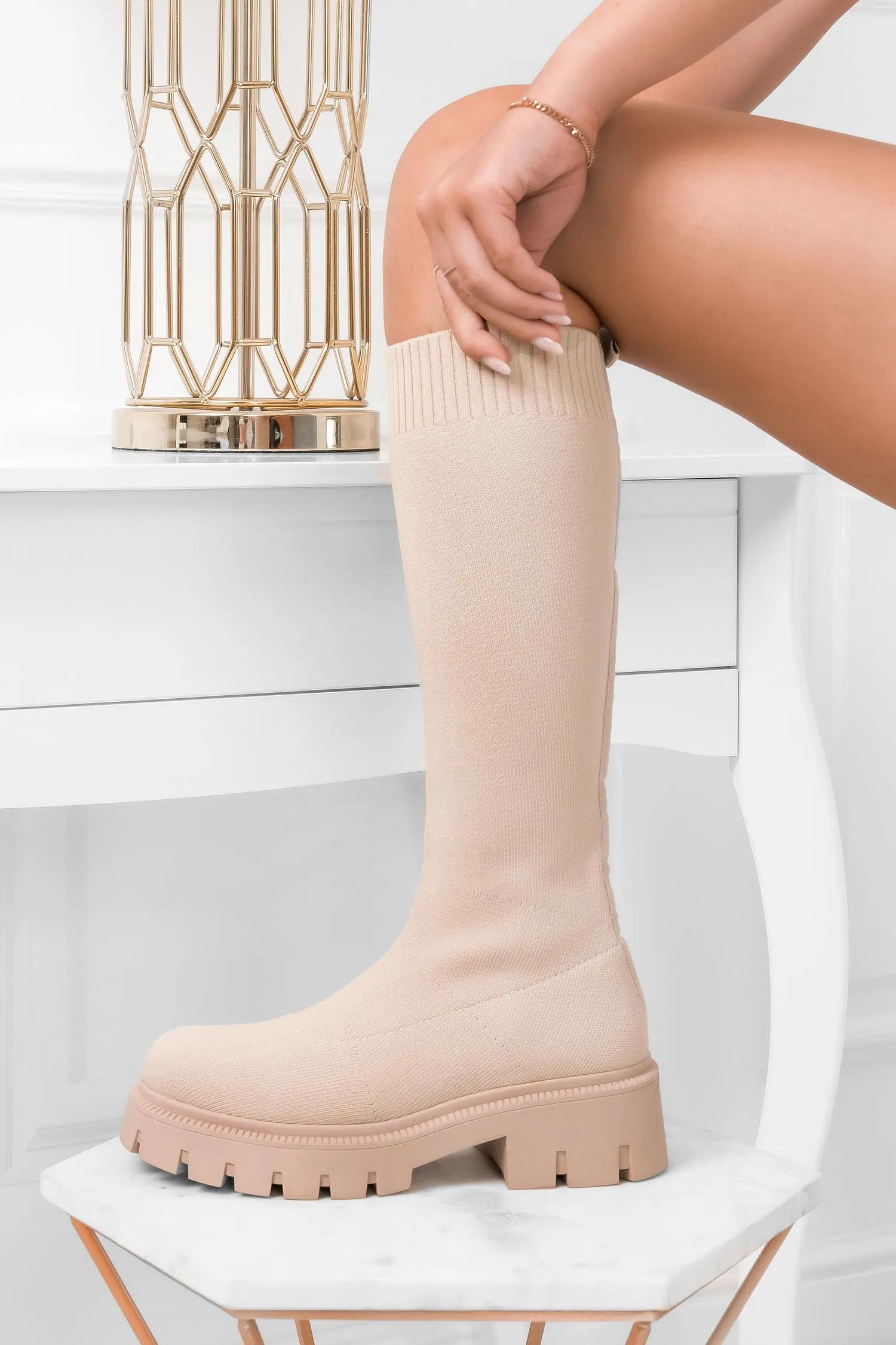 Stivali beige in tessuto elastico