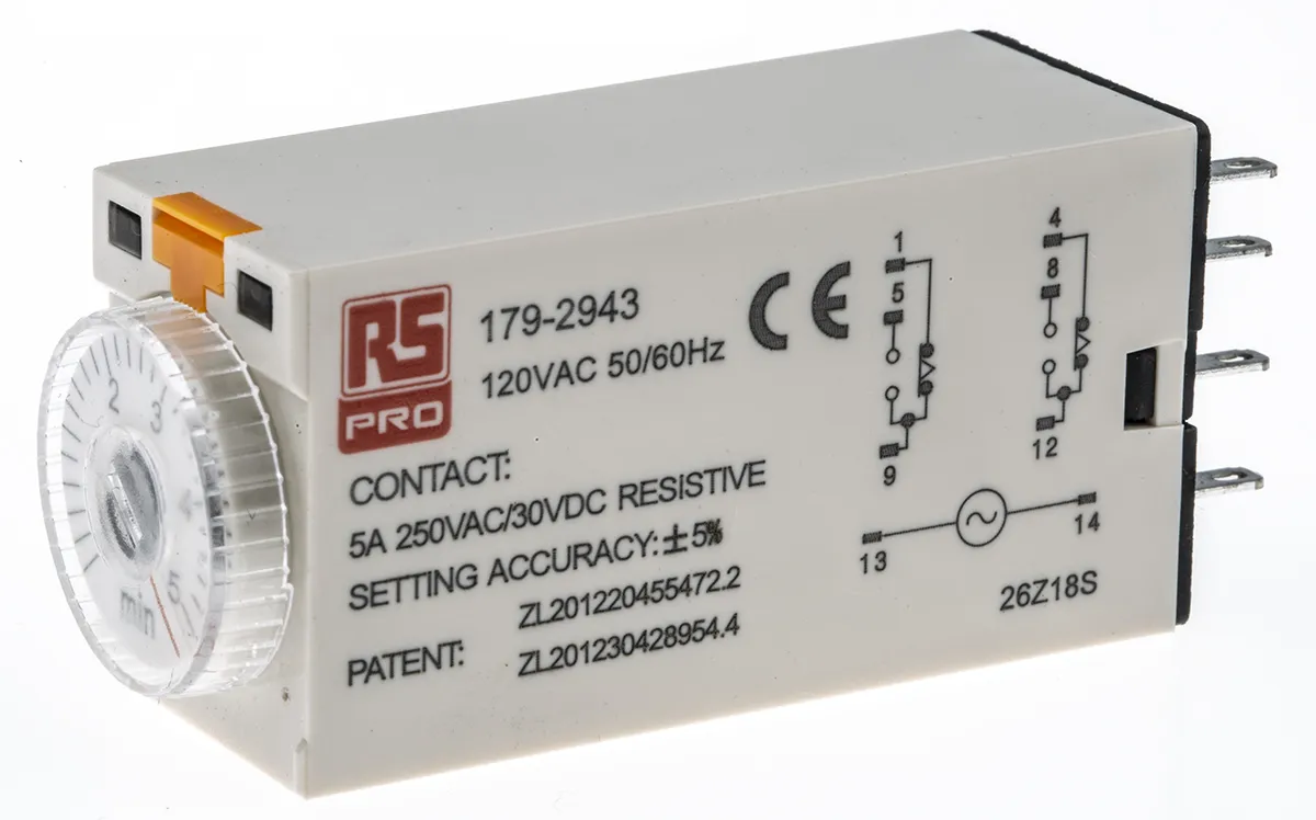 Timer Relay RS PRO, intervallo 0.2 → 5min, 2 poli, DPDT, A innesto