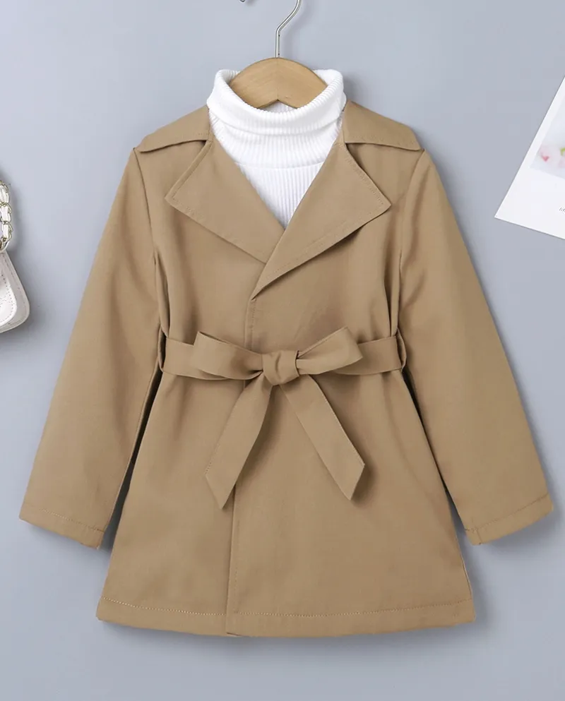 Trench coat a maniche lunghe con risvolto tinta unita da bambina autunno con cintura