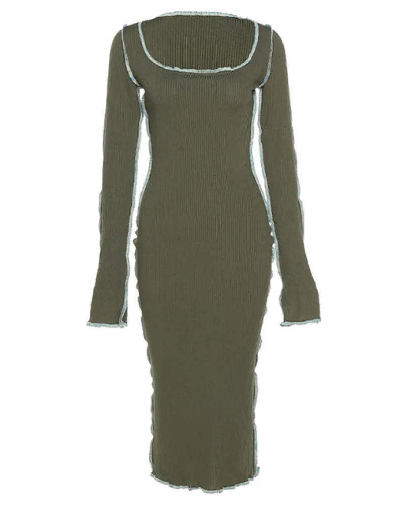 Vestito Maxi Cucito Donna Manica Lunga Collo Quadrato Vestito Aderente Lavorato A Maglia Abiti Casual Eleganti Femminili Har