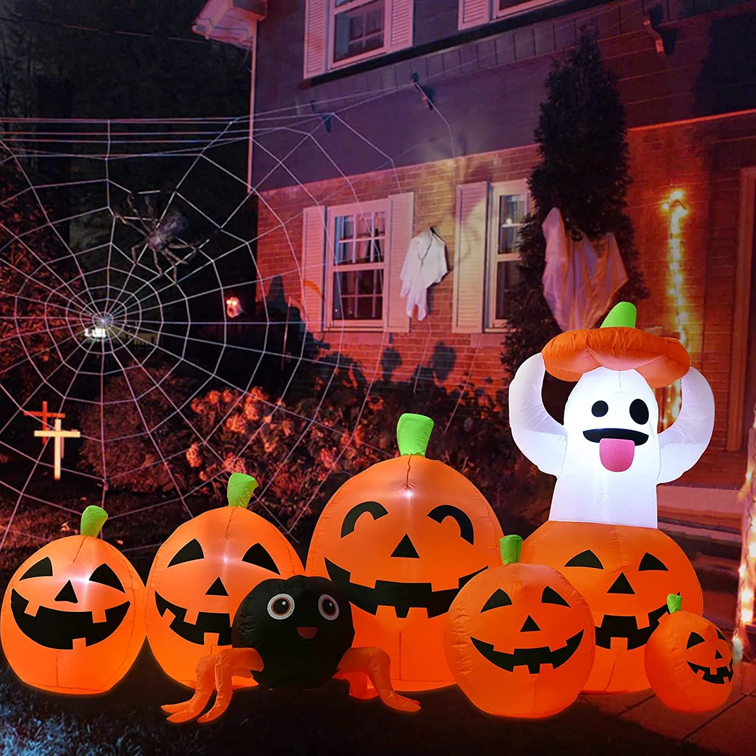 YQing 230cm Zucca Halloween Gonfiabile, Halloween Zucca e Fantasma Decorazioni Esterno Luci LED Incorporata Gonfiabile Halloween
