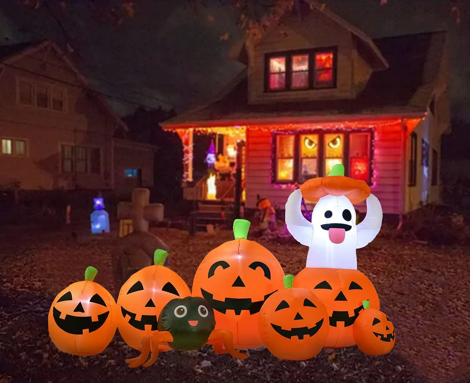 YQing 230cm Zucca Halloween Gonfiabile, Halloween Zucca e Fantasma Decorazioni Esterno Luci LED Incorporata Gonfiabile Halloween