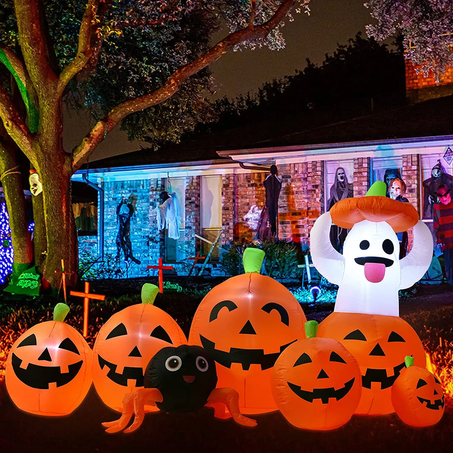 YQing 230cm Zucca Halloween Gonfiabile, Halloween Zucca e Fantasma Decorazioni Esterno Luci LED Incorporata Gonfiabile Halloween